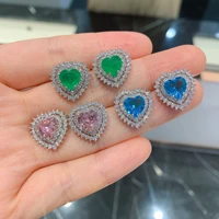 qtt hot sale dazzling lab%c2%a0diamond heart paraiba lab emerald pink stud earrings silver color jewelry wedding engagement gift
