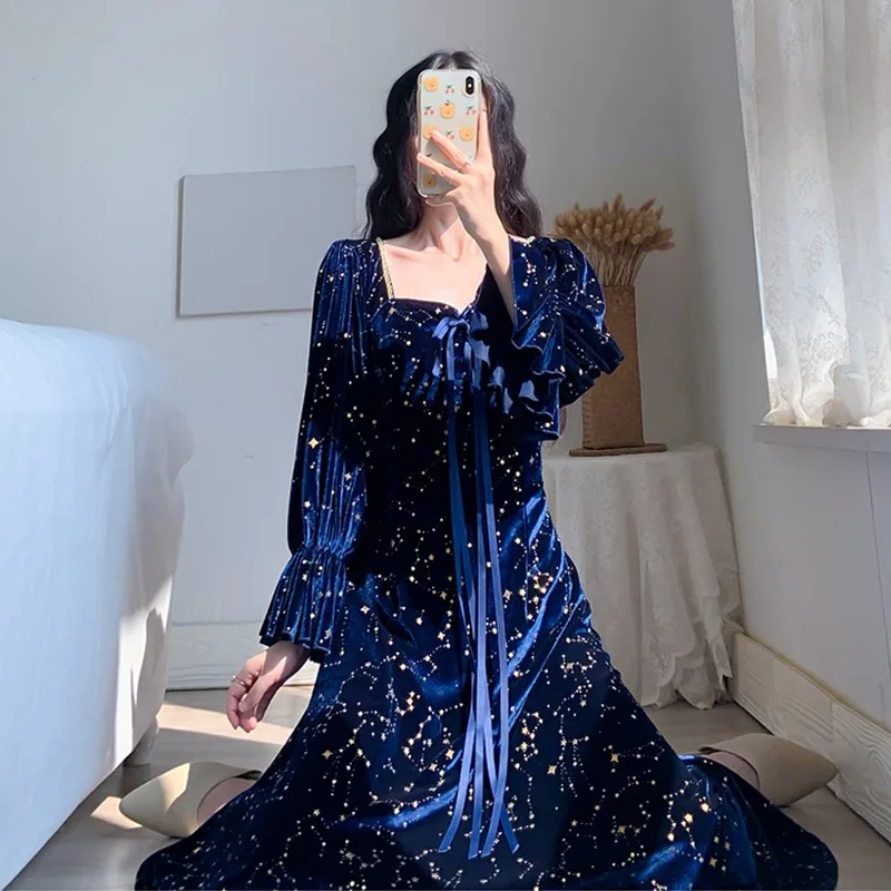 

Korean 2022 Autumn Chic Vintage Party Dress Women Evening French Elegant Retro Dress Female Casual Long Sleeve Flroal Midi Dress
