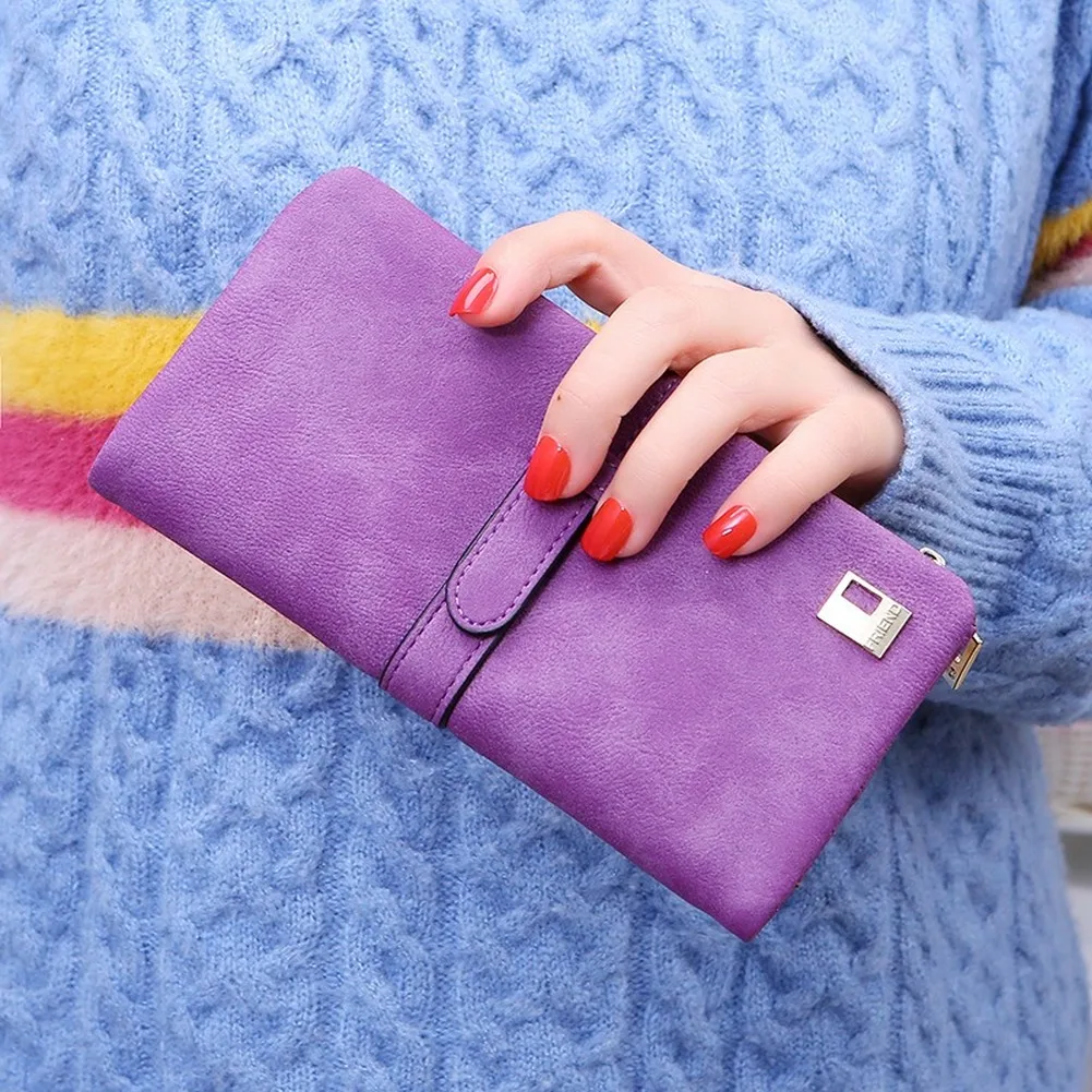 

2020 New Fashion Women Wallets Drawstring Nubuck Leather Zipper Wallet Women's Long Design Purse Two Fold More Color Clutch