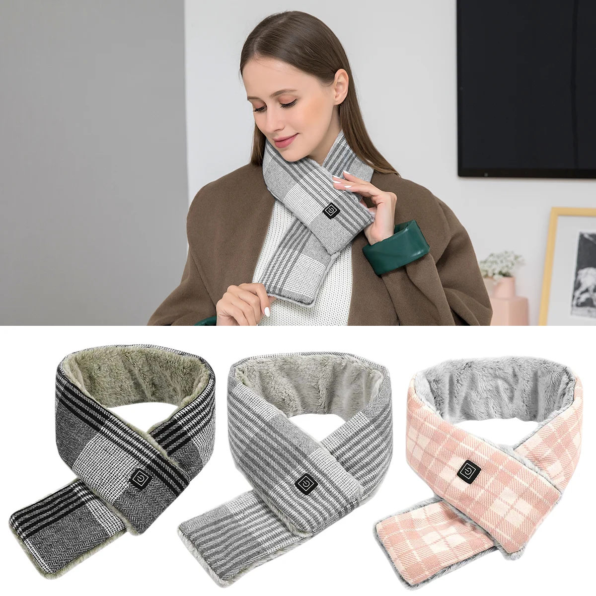 

USB Electric Heating Thermal Scarf Heated Scarf 3 Temp Adjustable Winter Warm Neck Scarf Wrap with Hidden Zipper for Outdoor