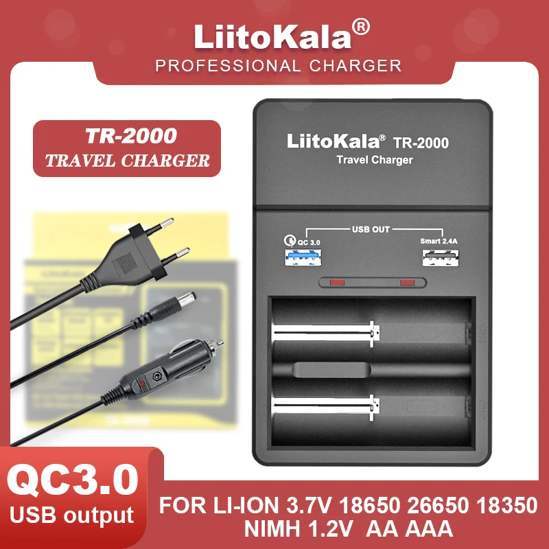 LiitoKala TR-2000 3.7V 18650 26650 21700 18350 14500 1.2V AA AAA Battery Charger And QC3.0 USB Output Travel Charger