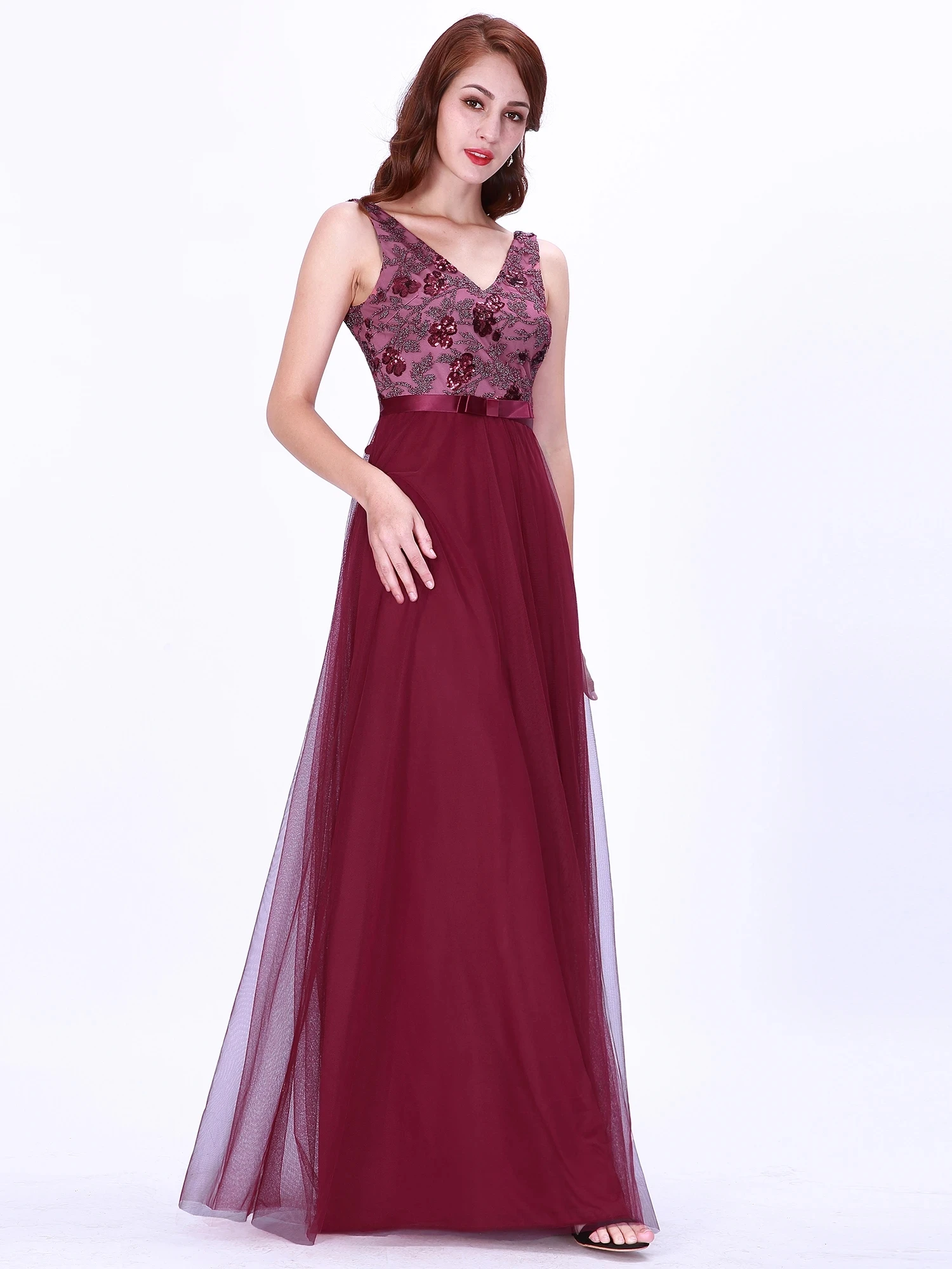 

Long Burgundy V neck Women Dresses