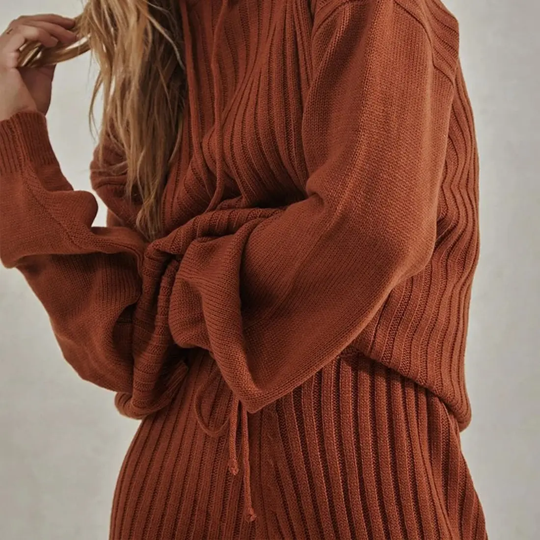 

2020 Women's Solid Two Piece Sets Hooded Sweater Elastic Long Trousers Suits Autumn Winter Knitted 2 Piece Set Streetwear