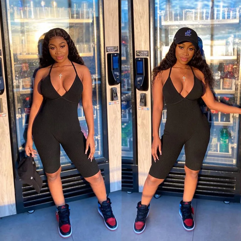

Sexy Romper Clothing Fitness Hang Band Backless Ribbed Bodysuit Shorts Summer Skinny Female Jumpsuit Women Clothes