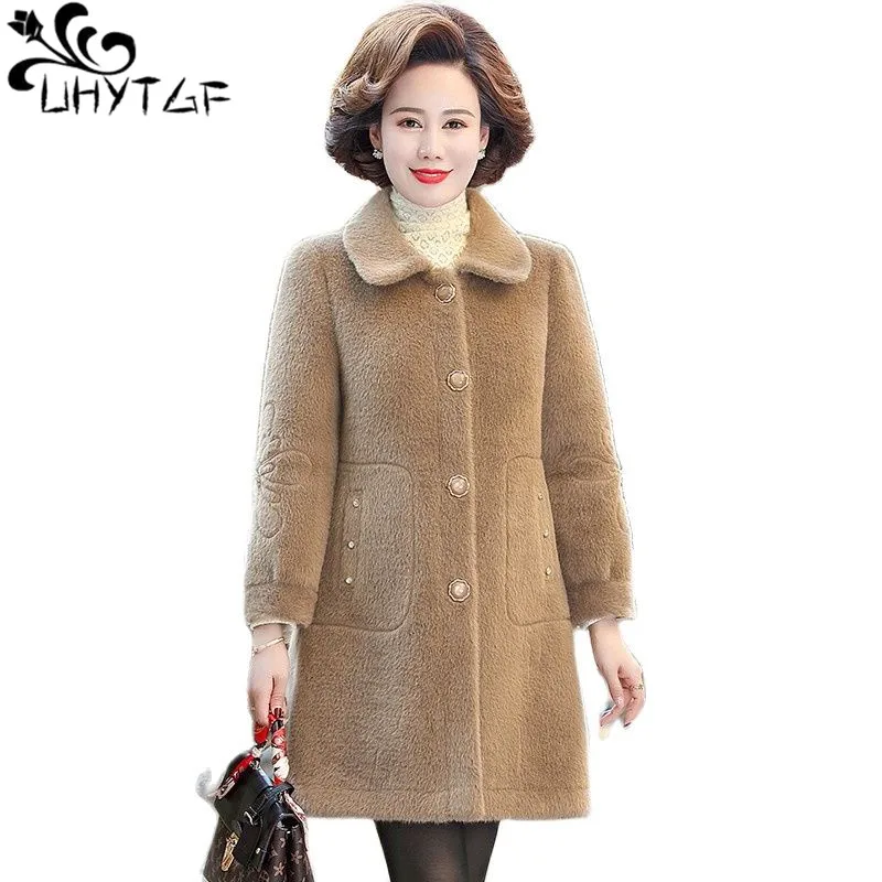 UHYTGF Middle-Aged Elderly Women Autumn Winter Woolen Coat Mid-Length Mink Velvet Warm Jacket Korean Slim Big Size Outerwear 25