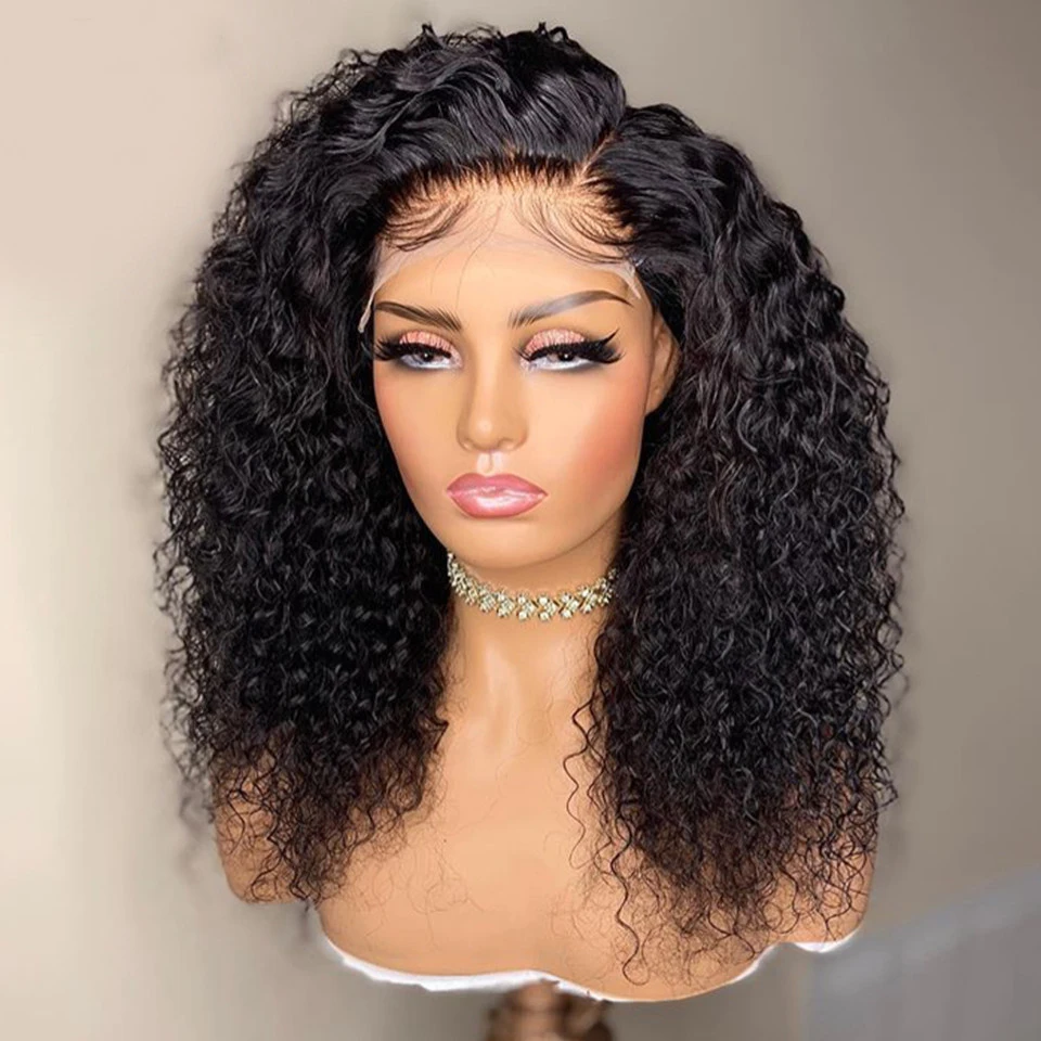 26Inch Preplucked Kinky Curly Natural Black Glueless Lace Front Wig Synthetic Wigs For Women With Baby Hair 180%Density