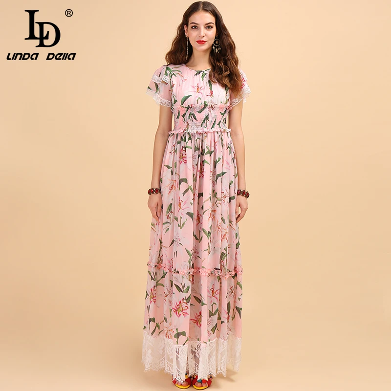 LD LINDA DELLA летнее модное подиумное Макси платье для женщин с эластичной резинкой на