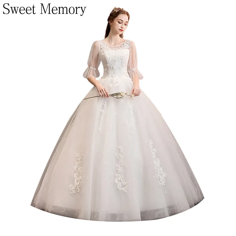 

Sweet Memory Bridal Luxury Wedding Dress 2021 Half Sleeve O-Neck Embroidery Lace Up Plus Size Wedding Dresses For Elegant Women