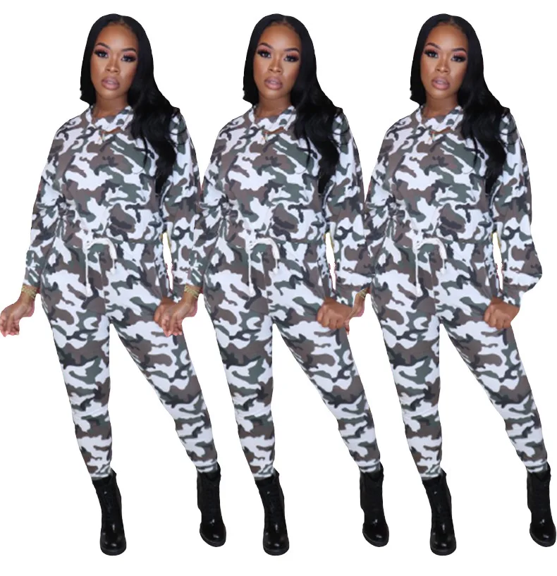 

Echoine Camo Print Tracksuit Women Sportwear Two Piece Set Sports Casual New active Jogging Femme Running Hooded Pants Set