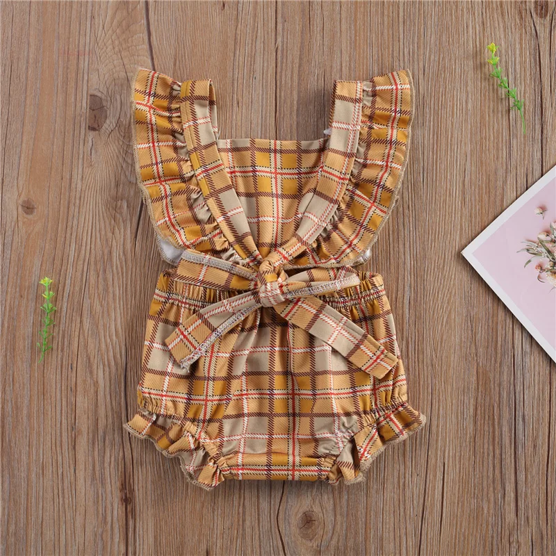 

Baby Jumpsuit Toddler Baby Girl Clothes Fly Sleeve Plaid Romper Bodysuit Waist Bow Decoration Bebe
