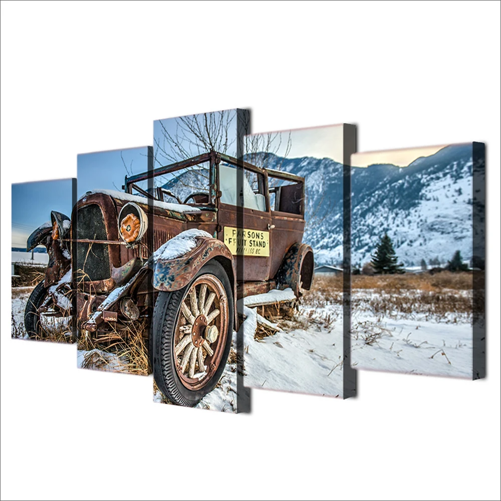 

Modern Home Wall Art Decor Frame HD Printed Snowfield Painting Artworks 5 Pieces Old Broken Car Poster Canvas Pictures