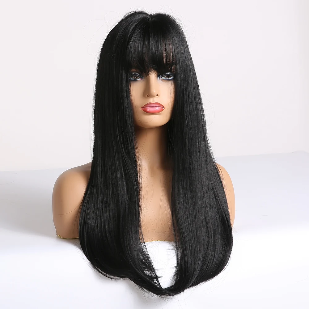 

LOUIS FERRE Daily Long Straight Synthetic Wigs Black Hair Wigs with Bangs for Women Afro Cosplay Natural High Temperature Fiber