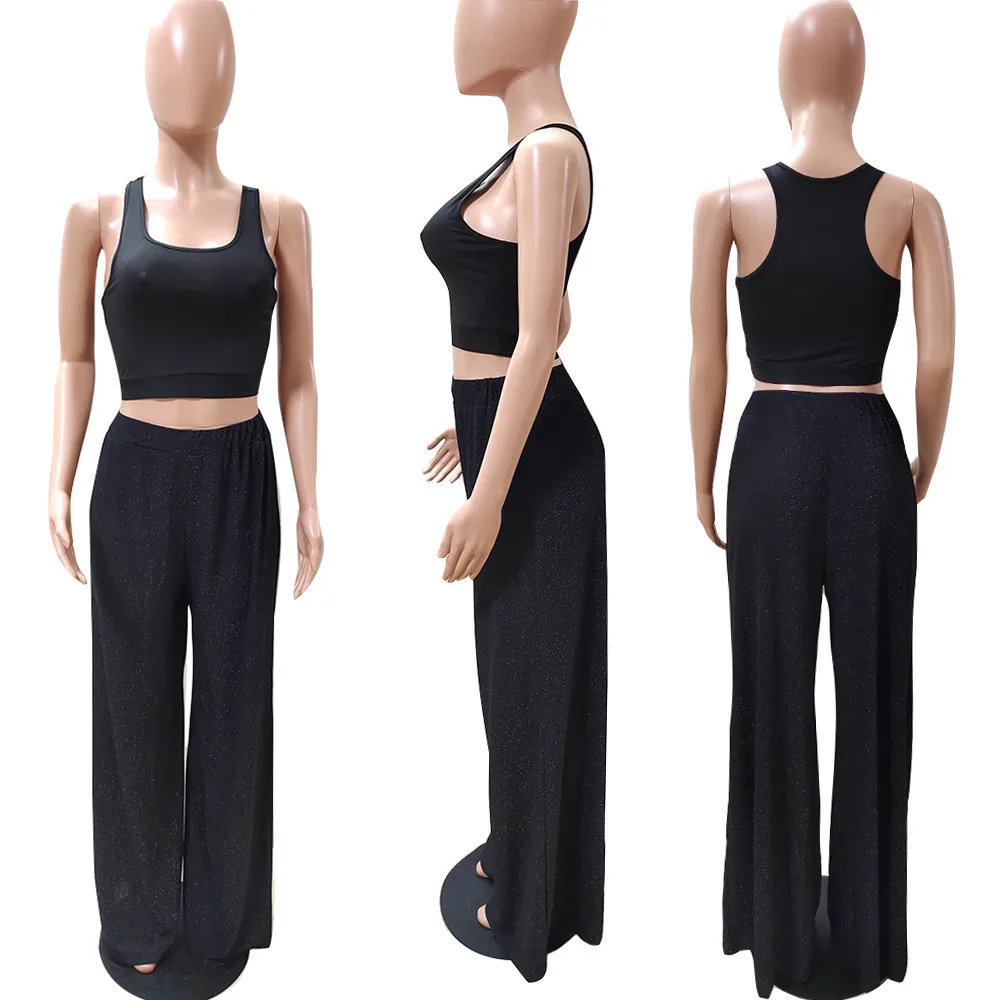 

Casual Black 2 Pieces Sets Glitter Wide Leg Long Pants and Sleeveless Tank Crop Top Women Summer Spring Loungewear Clothings