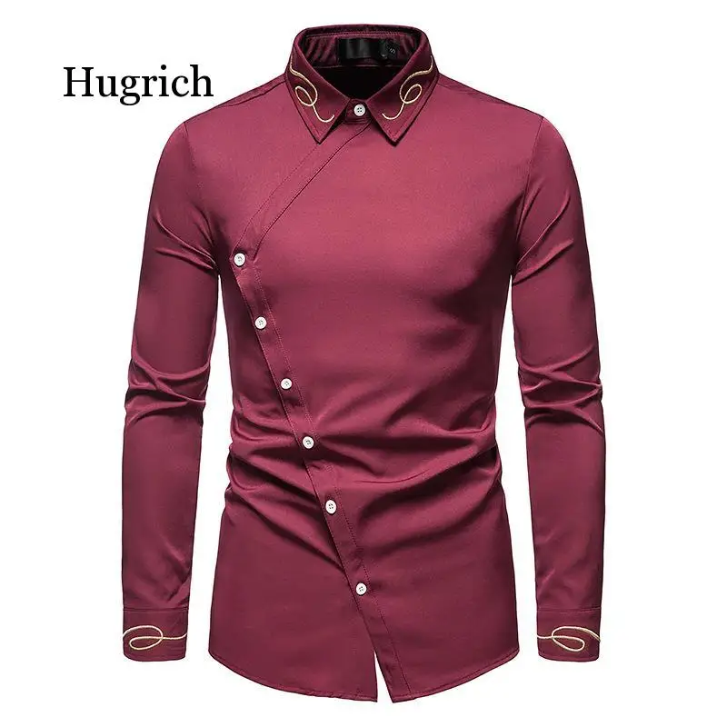 

2021 New Size Men's Trend Embroidered Asymmetric Long-sleeved Shirt Western Denim Shirt Slim Fit Social