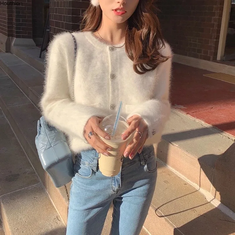 

Женский трикотажный кардиган с круглым вырезом, длинным рукавом