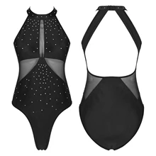 #S-XXL Women Rhinestone Halter Dance Leotard See-Through Mesh Patchwork Backless Bodysuit Swimsuit Pool Party Swimwear (2)
