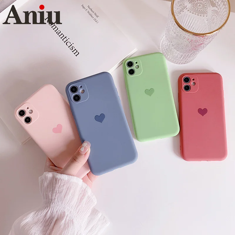 

Korean Solid Candy Color Love Heart Phone Case For iPhone 12 Mini 11 Pro Max XR XsMax 13 7 8Puls Cases Soft Silicone Cover Funda
