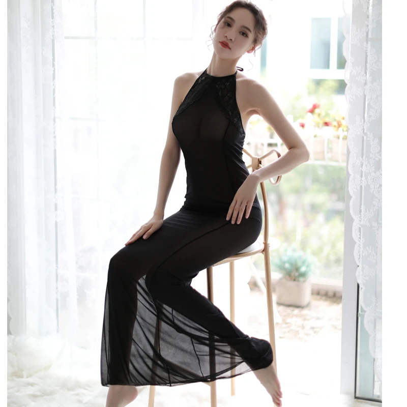 

Черное нижнее белье, кружевная ночная рубашка с открытой спиной, сексуальная ночная рубашка, женская одежда для сна, домашняя одежда, ночная...