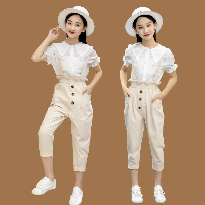 Комплект для девочек весна-лето рубашка блузка + комбинезон одежда подростков