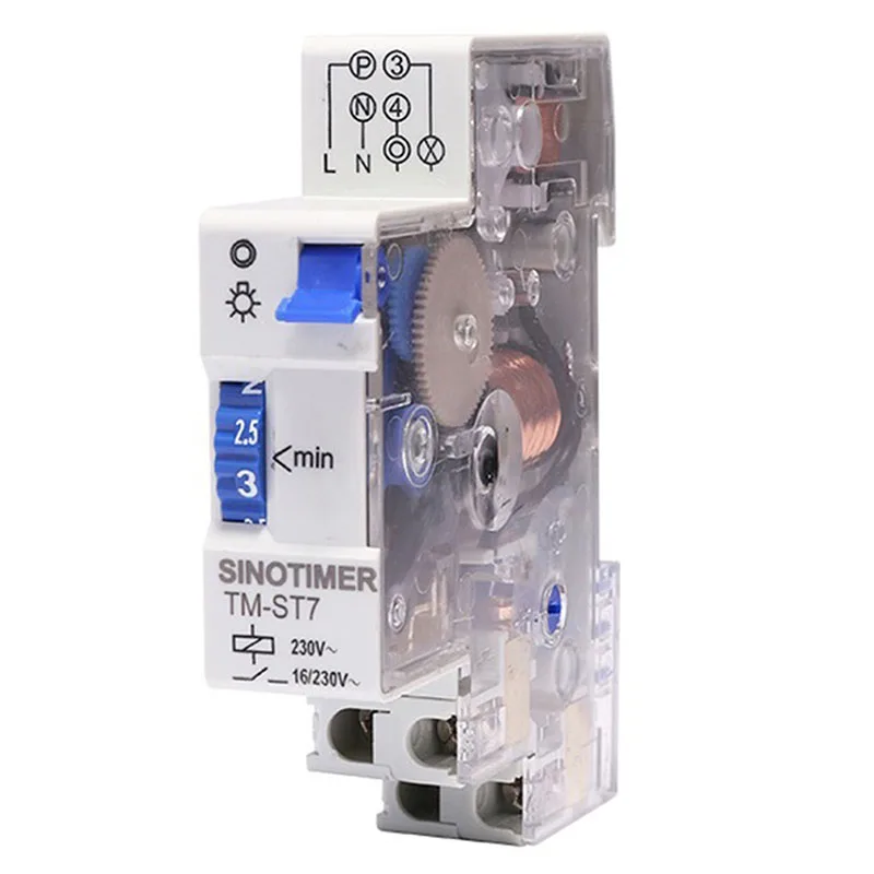 

SINOTIMER TM-ST7 220V AC 7 Minutes Mechanical Timer 18Mm Single Module Din Rail Staircase Timer Time Switch Timer Clock