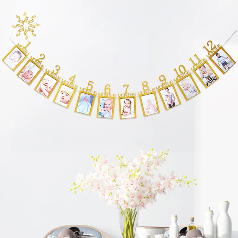 

NEW 12 Months Photo Frame Paper Banner First Happy Birthday Decor 1st Baby Boy Girl My 1 One Year Party Supplies Gold Flag