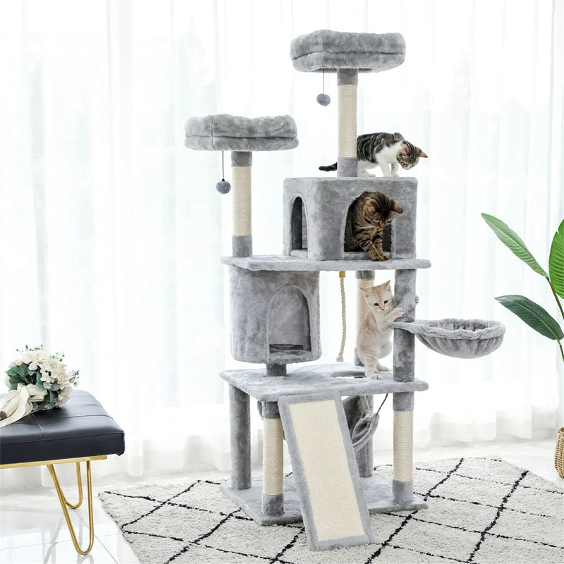

Multi-Level Cat Tower With 2 Luxury Condos, 2 Cozy Perches And Hammock Grey 63.4" Cat Tree