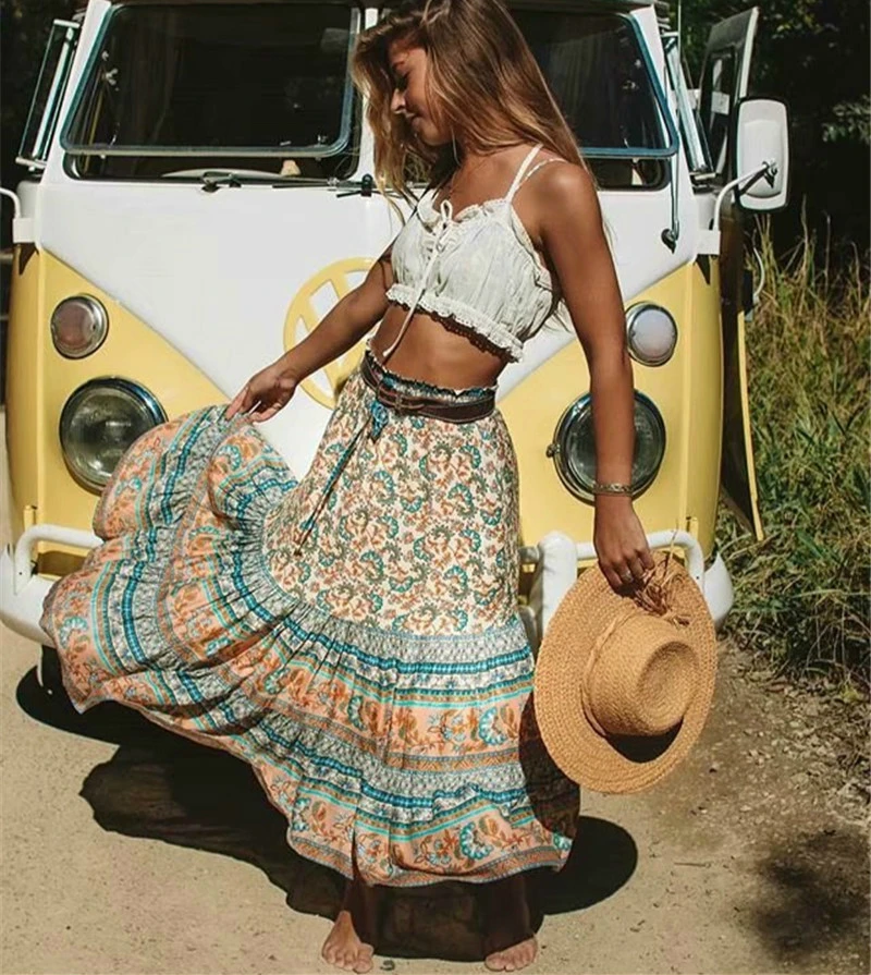 

Xfhh Women Floral Peacock Printed High Elastic Waist Beach Bohemian Skirt Ladies Midi A-Line Boho Skirt