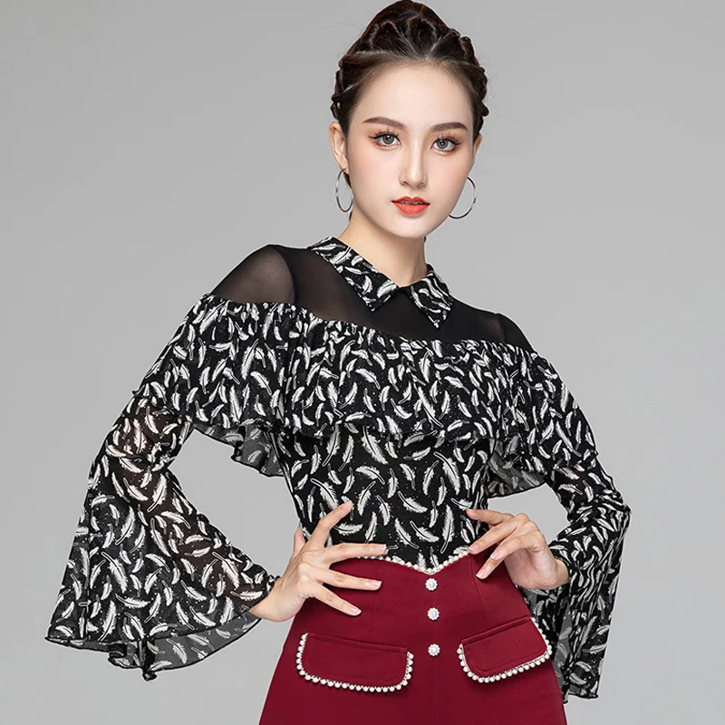 

Latin Dance Practice Clothes Spring/Autumn Modern National Standard Dance Long Sleeve Shirt For Women Adult Tango Shirt