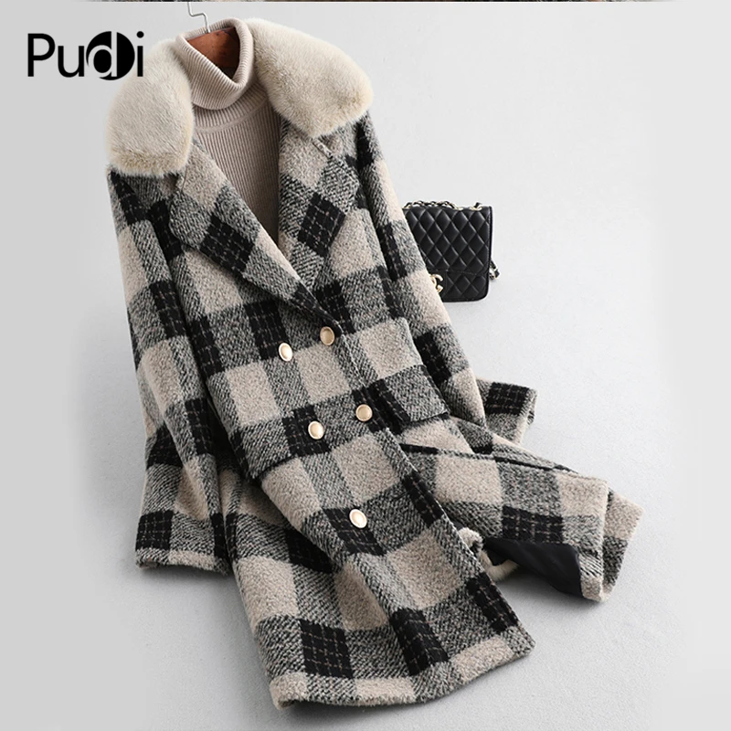 

A59772 Women 100% Real Wool Fur Lattice Coat Lady Rex Fur Lining Mink Fur Collar Leisure Fall/Winter Wool Long Outwear