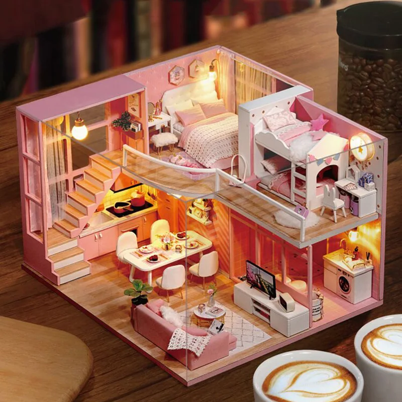 

PINK Princess girls Castle modern home DIY cottage wooden build miniature dollhouse kit roombox doll house toys for children