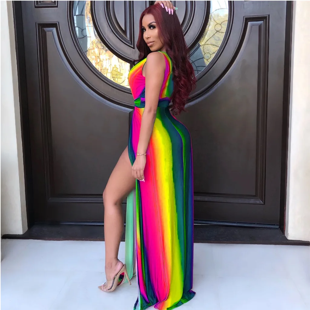 

Sexy Women Striped Long Dress Split Out Long Dress Deep V-neck Dress
