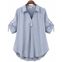 womens summer fashion new three color midsleeved blouse large size lapel loose and slim medium long versatile blouse