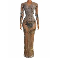 sparkly pearl rhinestones sequins long dress women stage wear sexytransparent performance costume evening gown prom party outfit