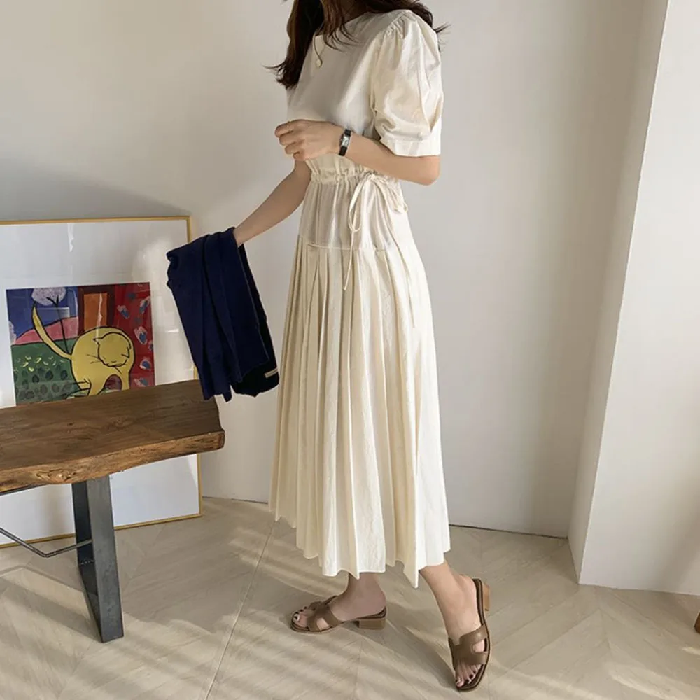 

Japanese Korean Version Fashion Summer Women's Dress 2021 Loose Casual Solid Color Draw Back Round Neck Puff Sleeve