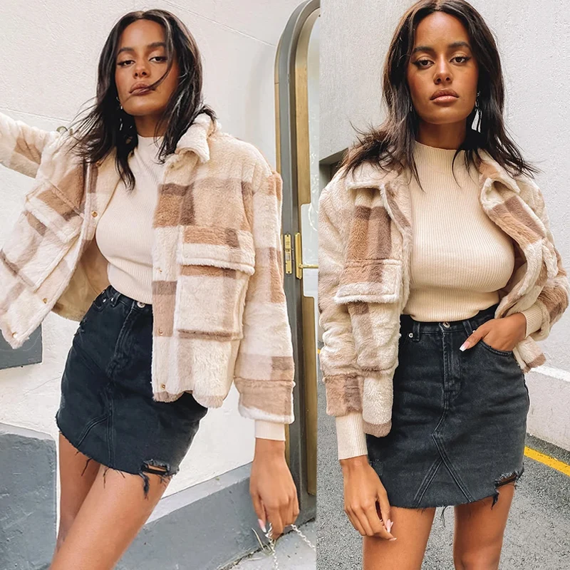 

Fashion Women Winter Warm Top Long Sleeve Plaid Fleece Coat Elegant Ladies Thick Jacket Streetwear Fur Female Parkas Plus size