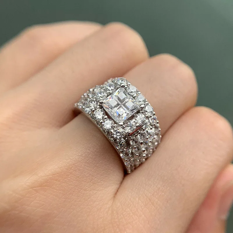 

New Luxury Princess Cut Cubic Zircon Bridal Marriage Rings 2Pc/Set Elegant Accessories Brilliant Women Wedding Trendy Jewelry