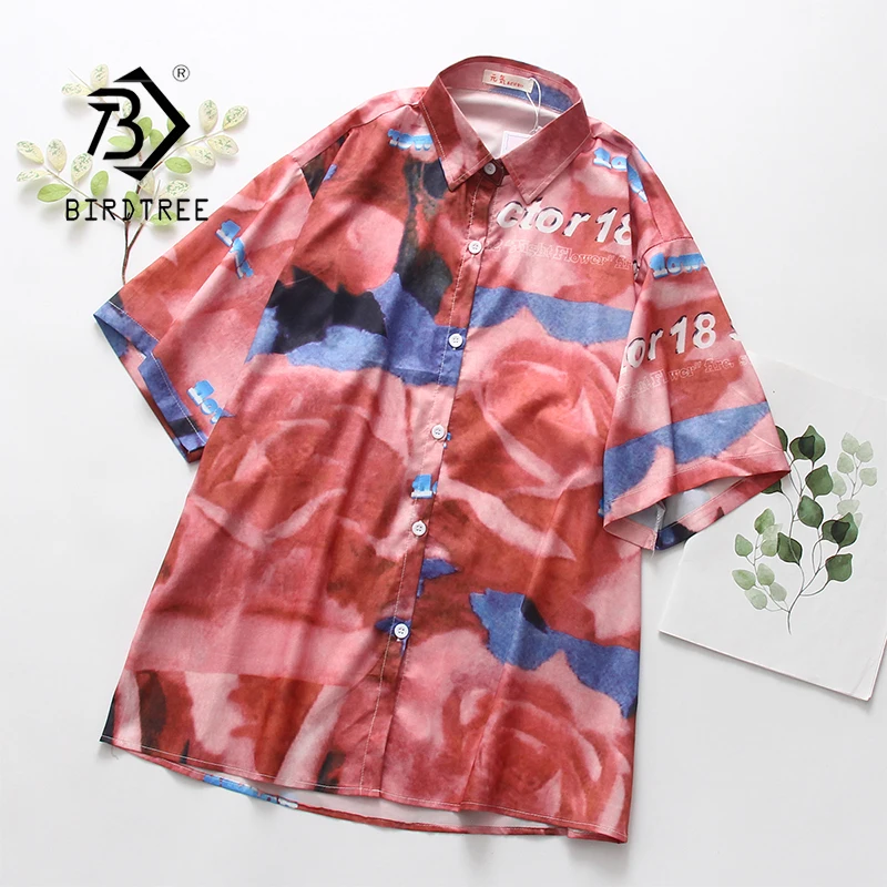 

2020 Summer New Women Pink Cloud Letter Blouse Short Sleeve Turn-down Collar Beach Shirt Vintage Oversize Tops Feminina Blusa T0