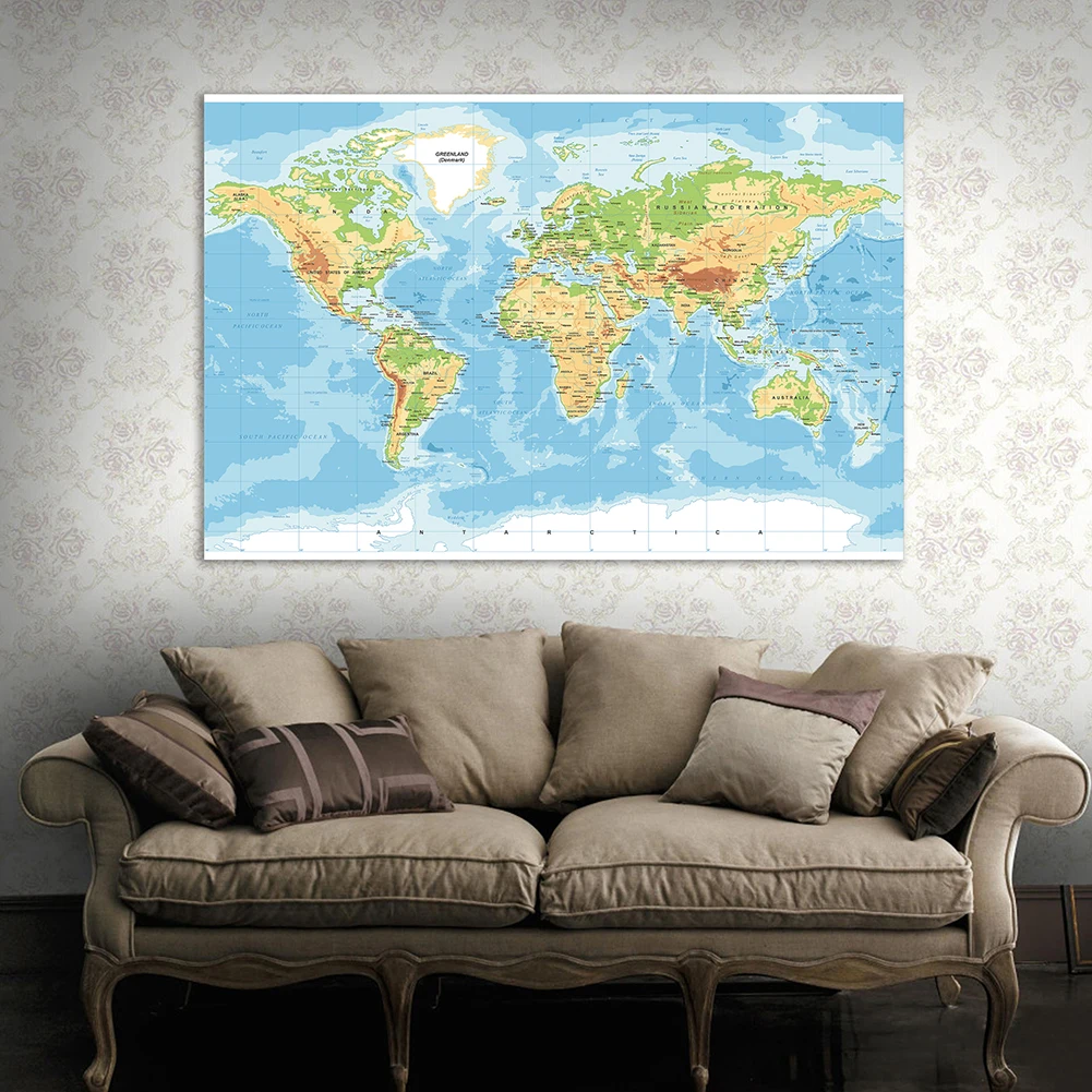 

130*90cm The World Topography Political Map Non-woven Canvas Painting Wall Art Poster Living Room Home Decor School Supplies