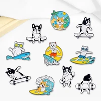 creative trendy cartoon sports surfing cat dog oil drop lapel brooch badge pin denim bag gift men women fashion jewelry decorate