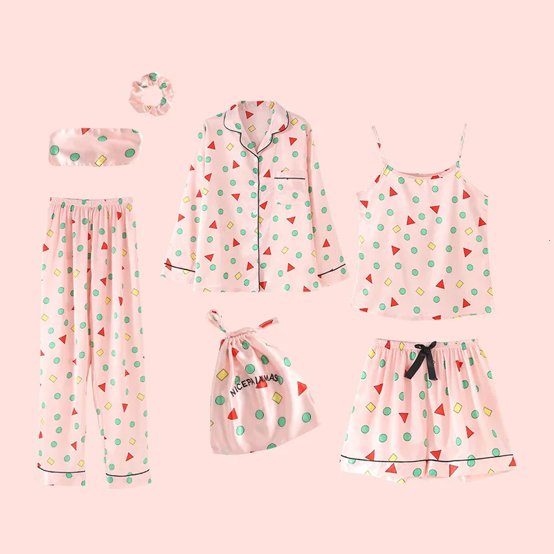 7 Pieces Set Ice Silk Pajamas Woman Printing Fashion Long Sleeve Nightdress Shorts Trousers Pijama | Женская одежда