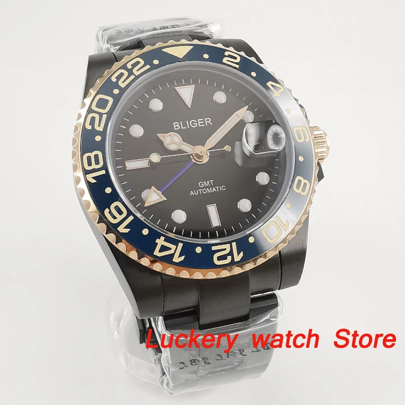 

Bliger 40mm luxury watch black dial saphire glass Ceramic spin Bezel GMT Automatic movement luminous men's watches