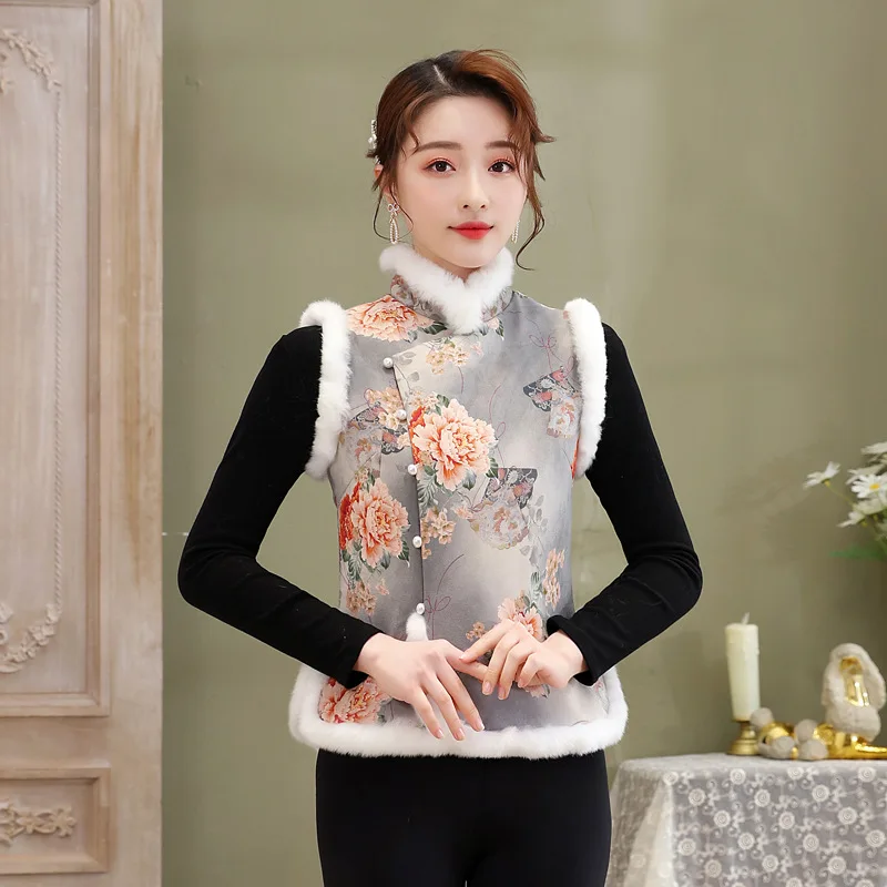 

H.RONG.X 2022 Spring CNY Chinese Cheongsam Vest Elegant Winter Grey Traditional Qipao Waistcoat Retro Cotton Orient Chipao Tops