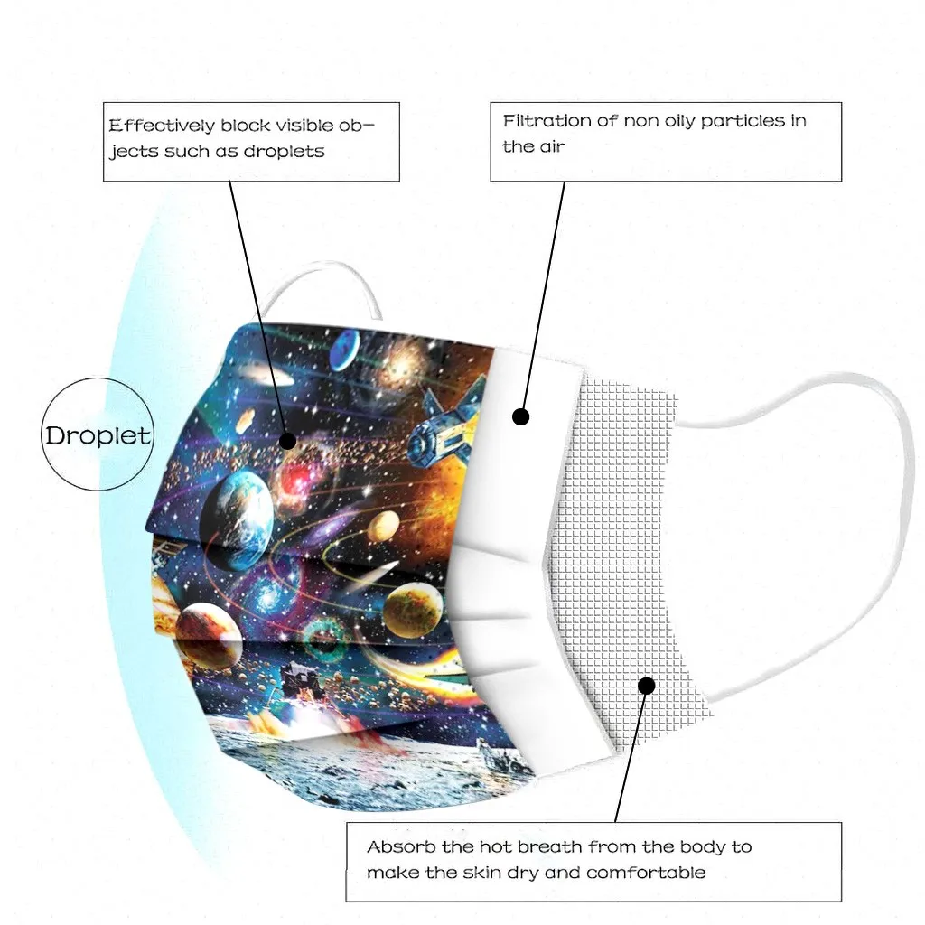 

Children Kids Disposable Face Mask Anti-dust 3Ply Ear Loop Protective Mask 50PCS Planet Pritned Mouth Mask Outdoors Masque Masks