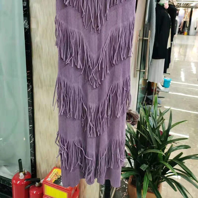 

New Year'S Solid Color Slim Women'S Dress Fringed Side Long Plain Dress Round Neck Sleeveless Fashion Classic Dress 90055