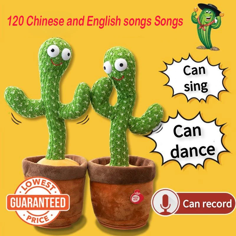 

Rechargeable Dancing Cactus Toy with 120 Songs + Lighting + Recording Bluetooth Speaker Singing Plush Wiggling Ornament Toy