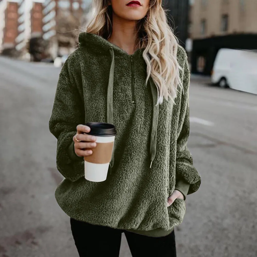 Warm Wool Coat Women Hooded Sweatshirt Winter Zipper Pockets Cotton Outwear Plush Casual Long Sleeve Hoodies sudaderas | Женская одежда