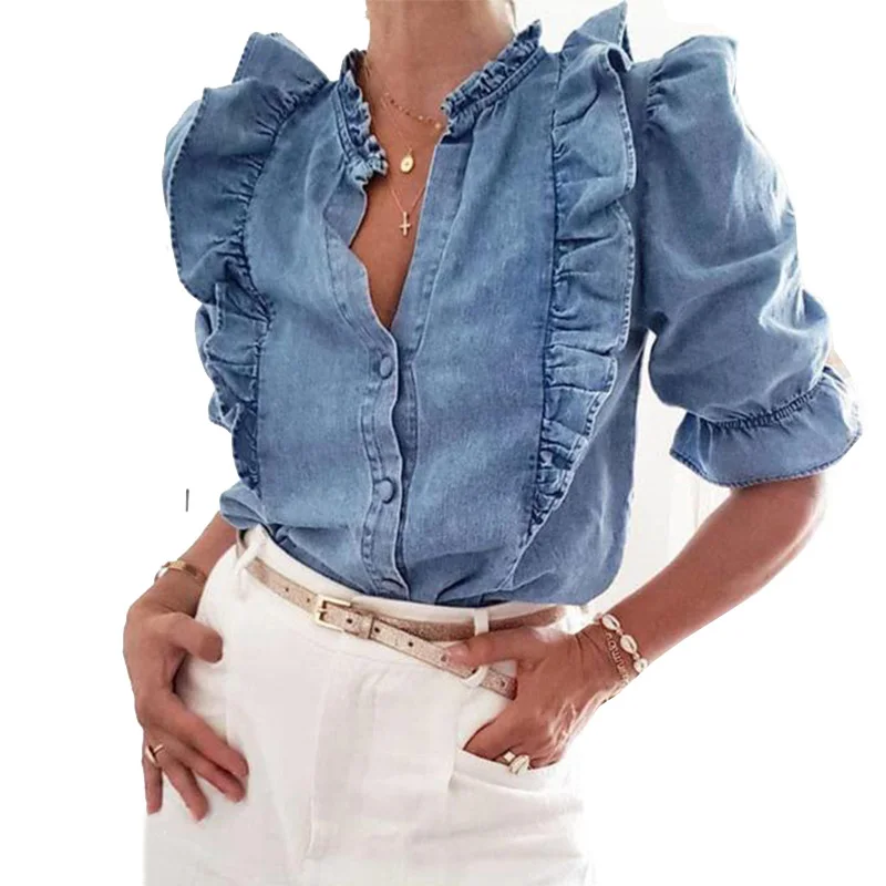 Блузка женская джинсовая с оборками V образным вырезом и пышными рукавами|Блузки|