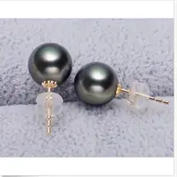 good stunning10-11mm tahitian black green pearl earring 14k white gold