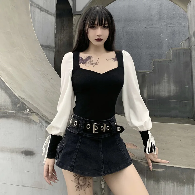 

Vintage Elegant Black White Patchwork Tops Gothic Sexy Long Sleeve Bandage Women's T-shirts Autumn Basic Casual Tops