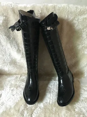 New Design Knee-High Boots Mujer Plus Size 42 Belt Buckle Decor Winter Shoes Woman Black Leather Fashion Women Flat Boots - Цвет: Without Short Plush